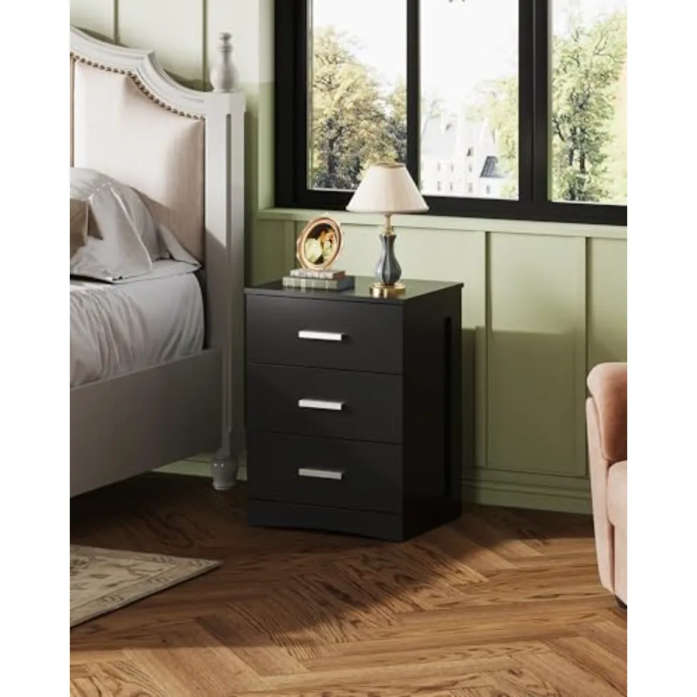 Black 3-Drawer Nightstand Small Bedside Table, view 2