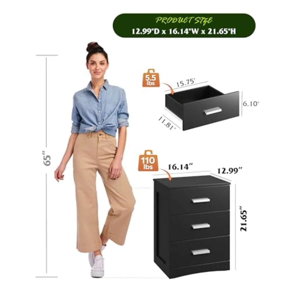 Black 3-Drawer Nightstand Small Bedside Table, view 3