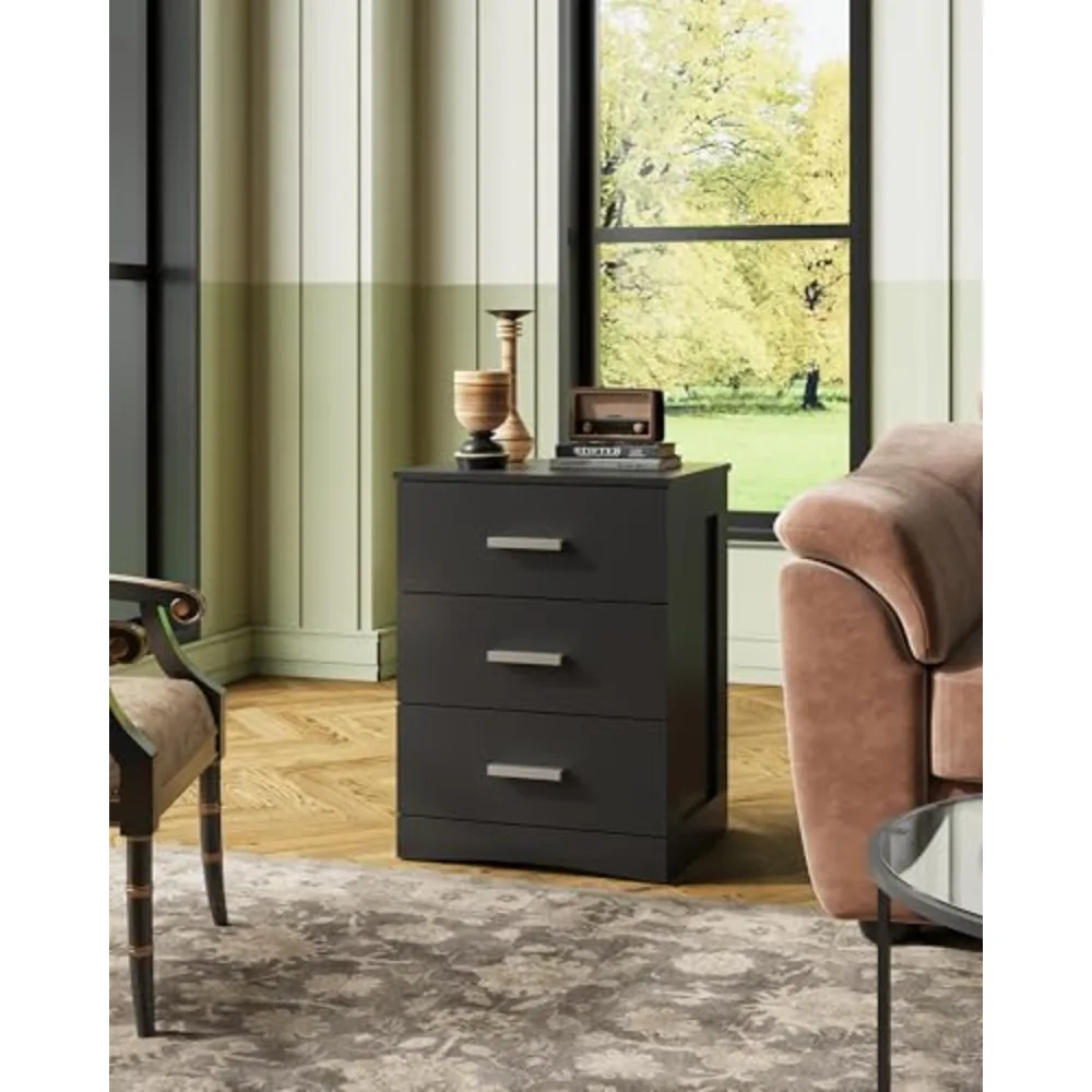 Black 3-Drawer Nightstand Small Bedside Table, view 5