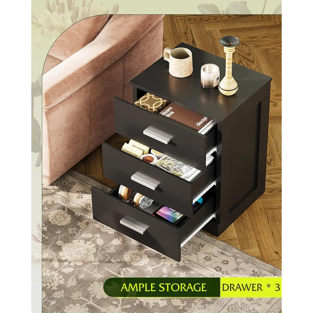Black 3-Drawer Nightstand Small Bedside Table, view 6