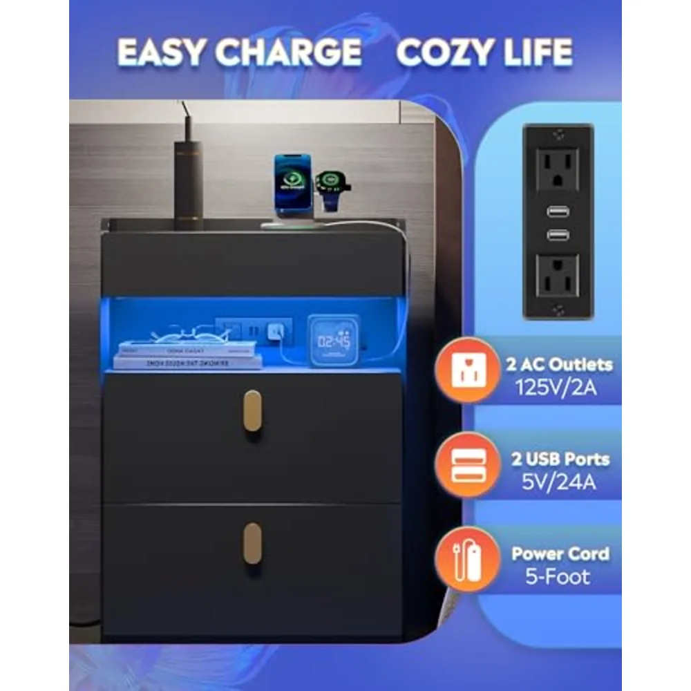 Black LED Nighstand with Charging Station, view 4