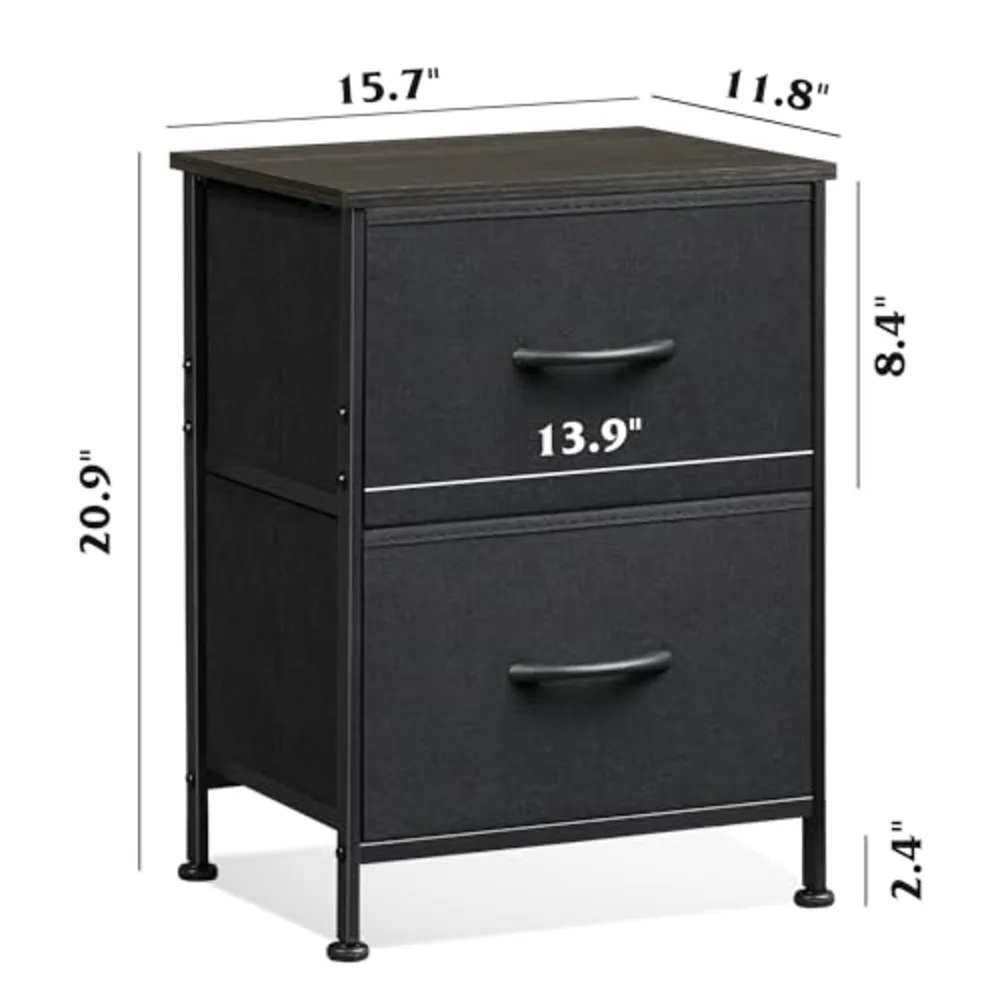 Black Night Stand Small Dresser with 2 Drawers & Wooden Top, view 3