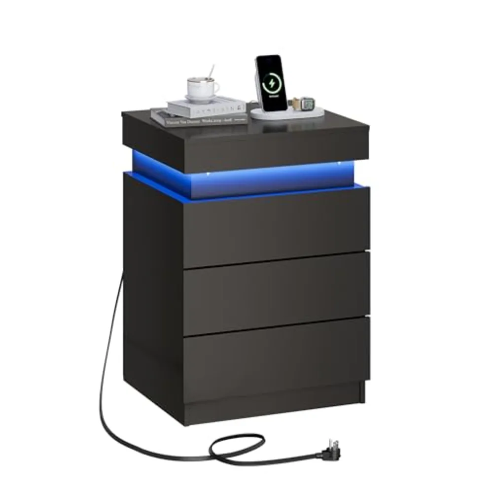 Black Nightstand with Charging Station