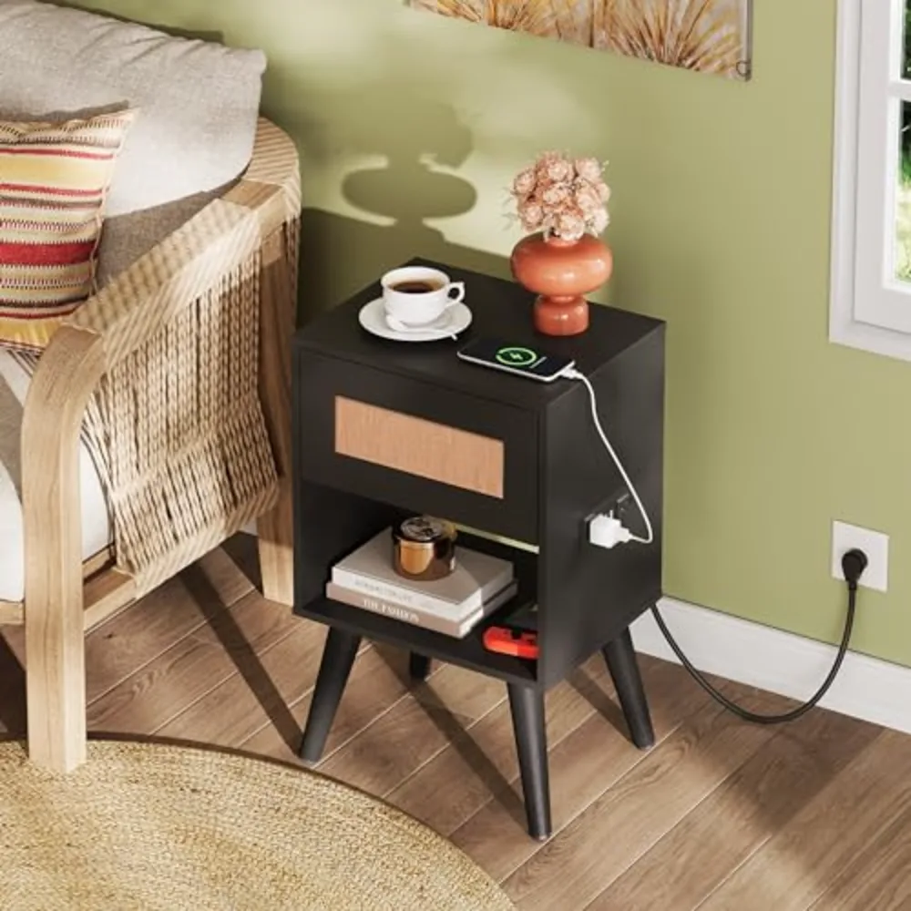 Black Rattan Night Stand with Charger Station, view 2