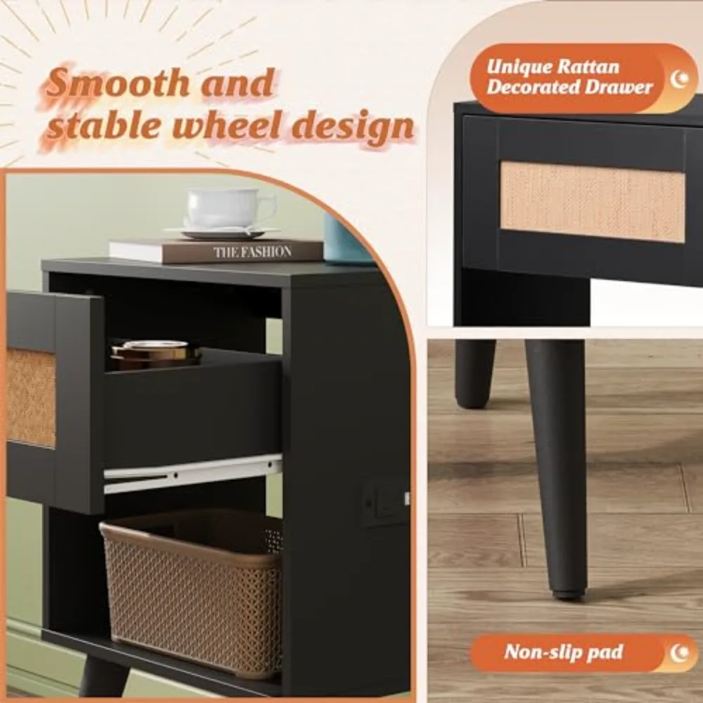 Black Rattan Night Stand with Charger Station, view 4