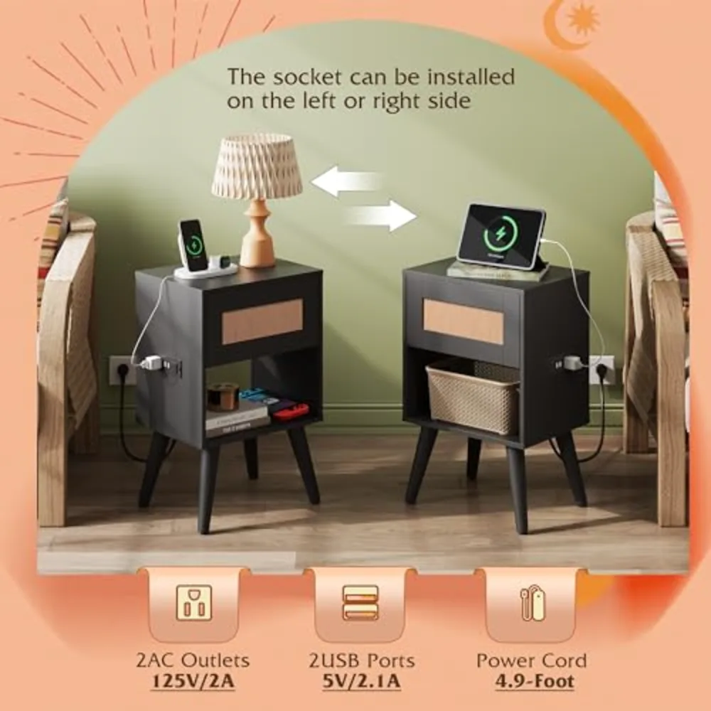 Black Rattan Night Stand with Charger Station, view 5