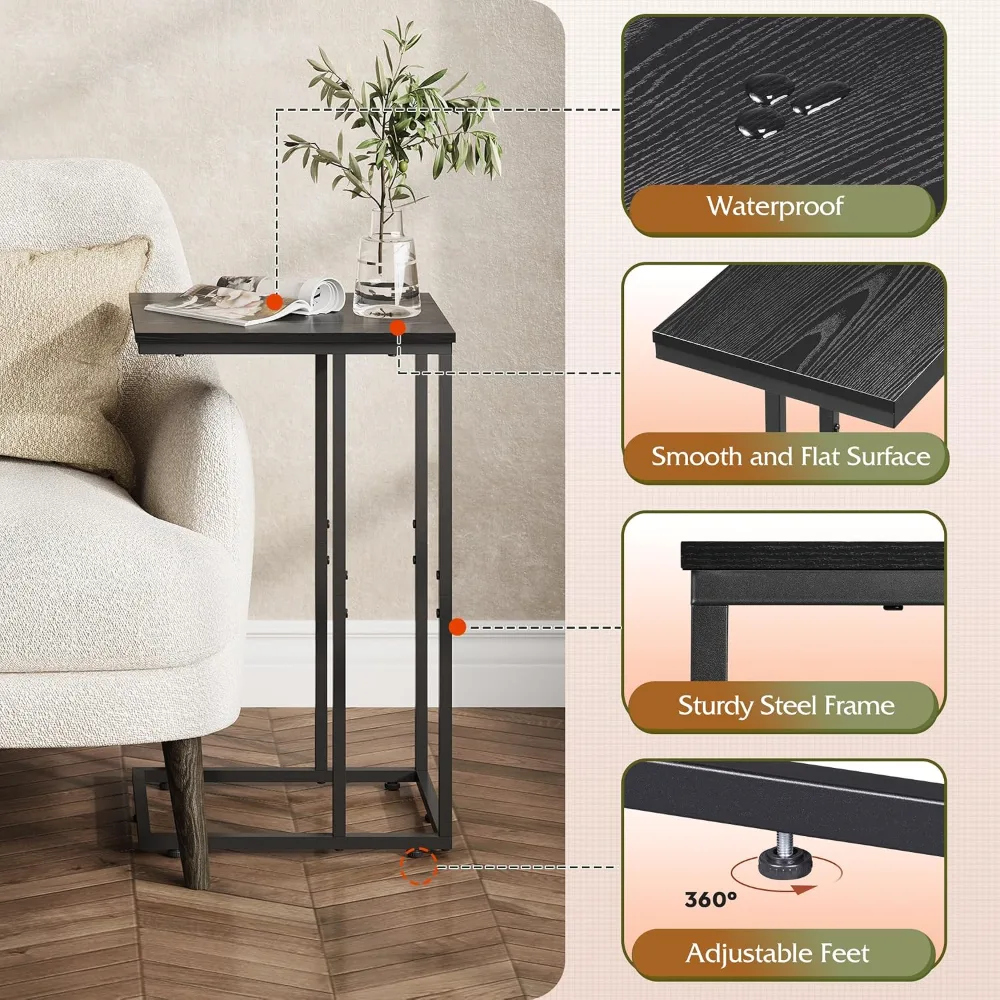 Black Side Table C Shaped End Table for Bedroom, view 6