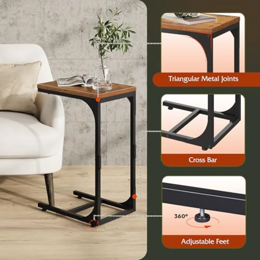 C Shaped End Table TV Tray Slide Under Couch Side Table Rustic, view 5