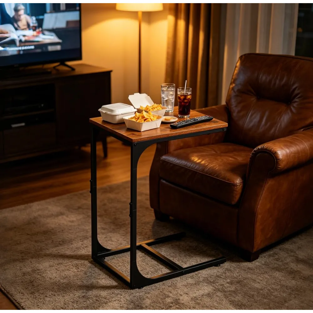 C Shaped End Table TV Tray Slide Under Couch Side Table Rustic, view 6