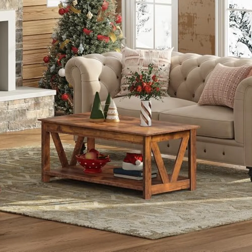 Coffee Table 43" Farmhouse Coffee Table with Storage Shelf &, view 2