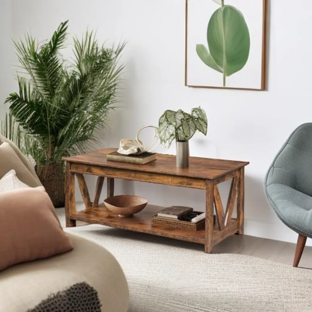 Coffee Table 43" Farmhouse Coffee Table with Storage Shelf &, view 5