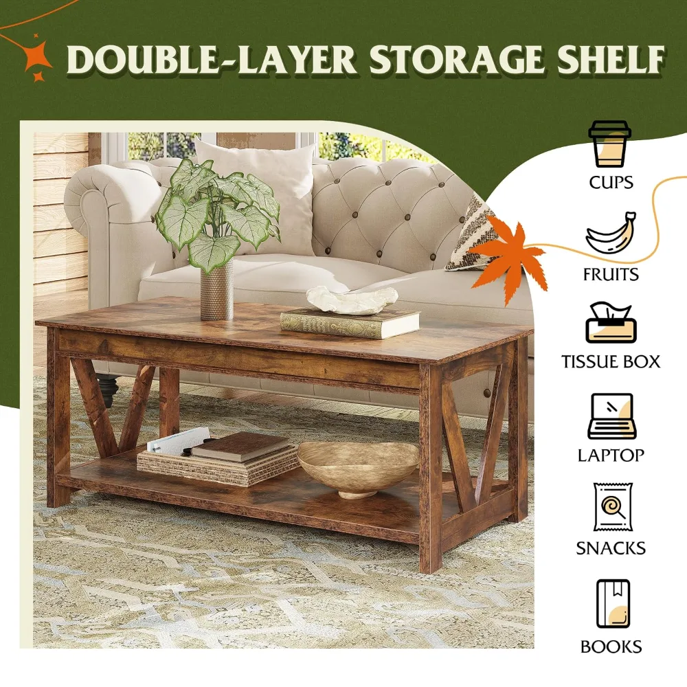 Coffee Table 43" Farmhouse Coffee Table with Storage Shelf &, view 6
