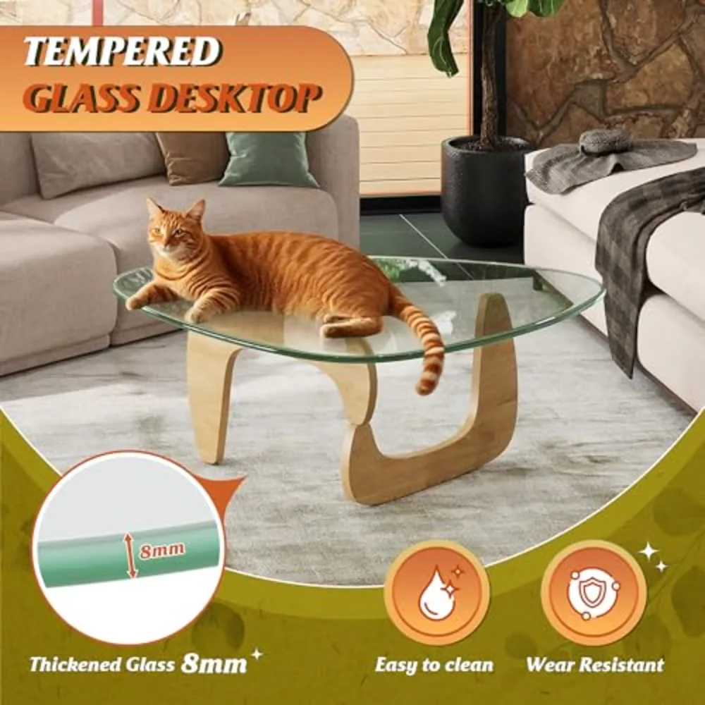 Coffee Table Small Glass Coffee Table with Solid Wood Legs, view 4