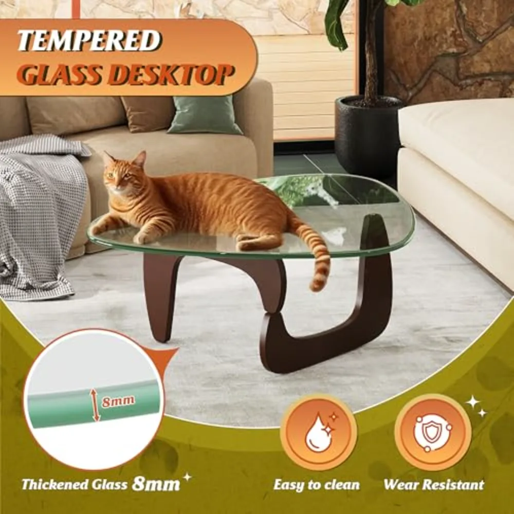 Coffee Table Small Glass Coffee Table with Solid Wood Legs, view 4