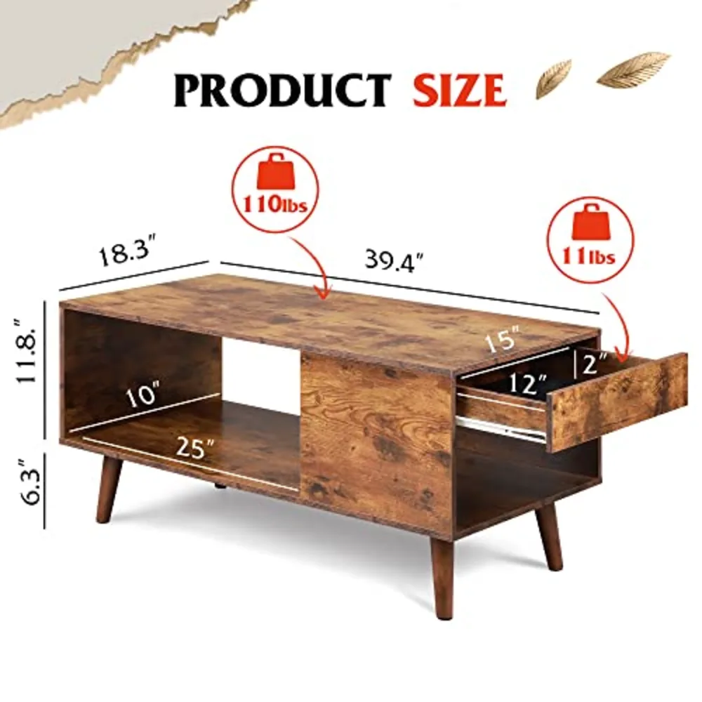 Coffee Table with Side Drawer Storage, view 3