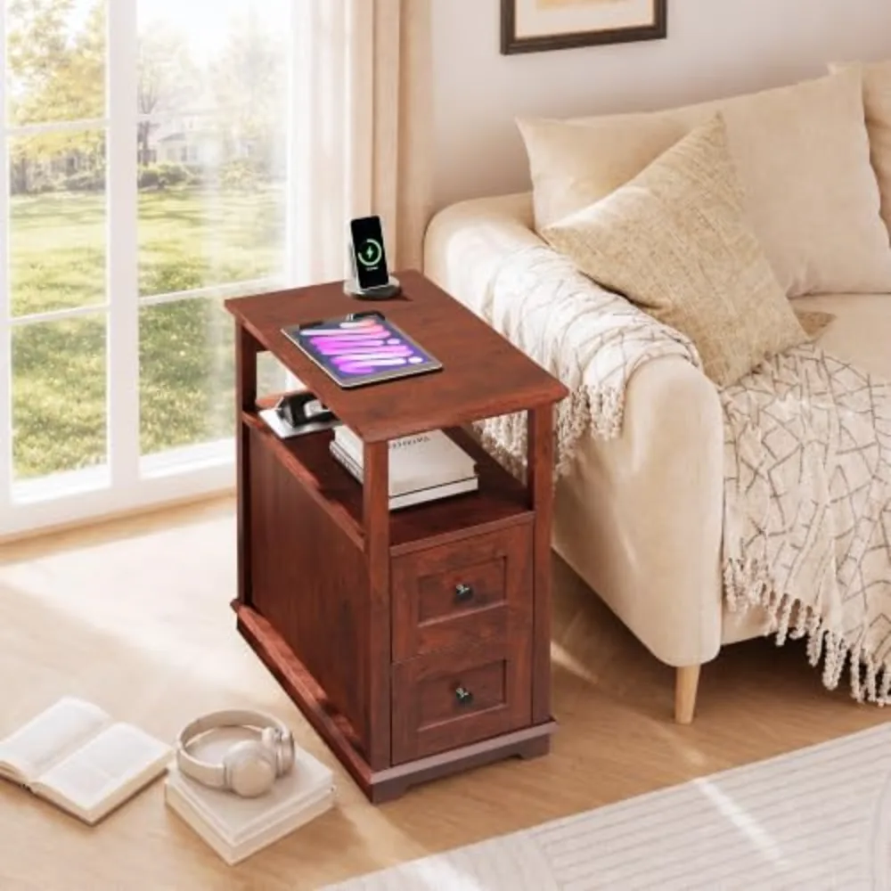 End Table with Charging Station & 2 Drawers Narrow Nightstand, view 2