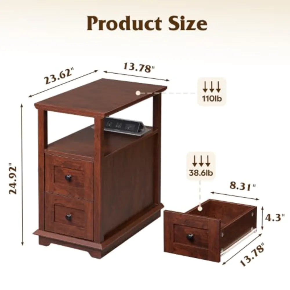 End Table with Charging Station & 2 Drawers Narrow Nightstand, view 3