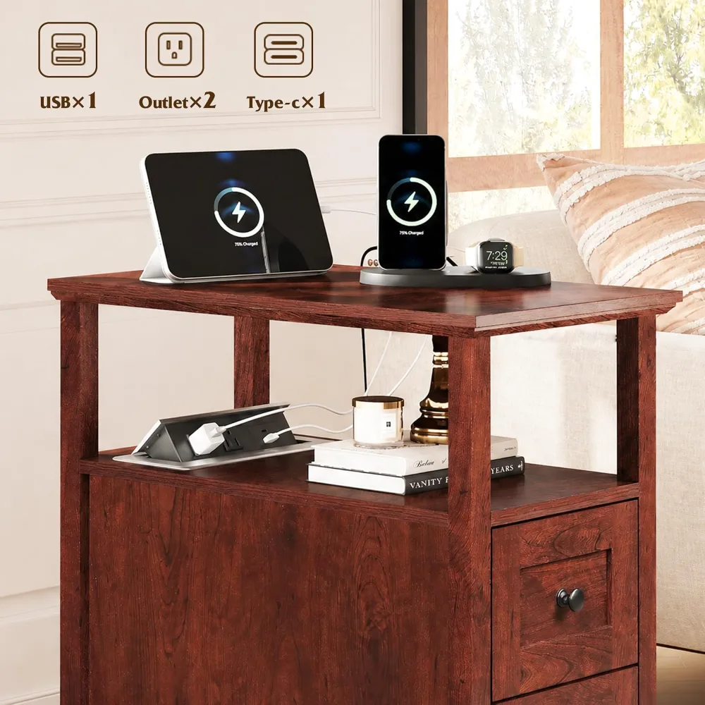 End Table with Charging Station & 2 Drawers Narrow Nightstand, view 6