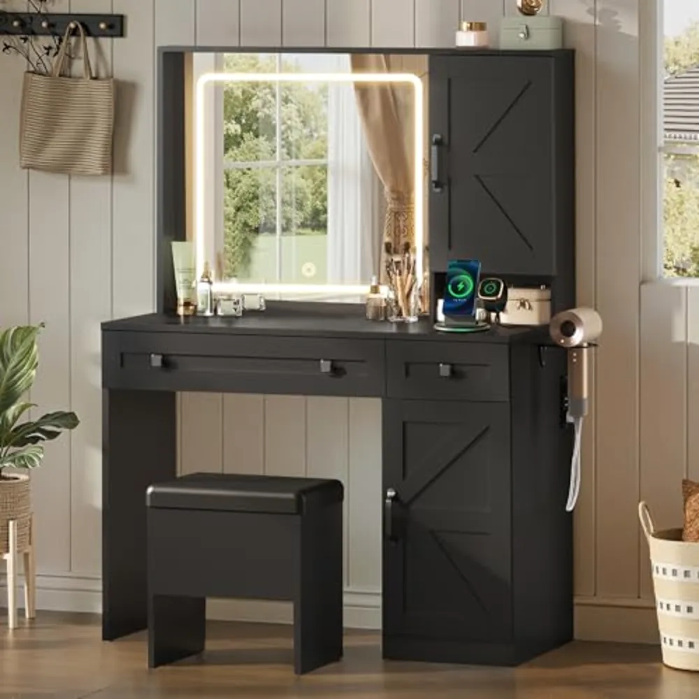 Farmhouse Vanity Desk with LED Mirror & Stool