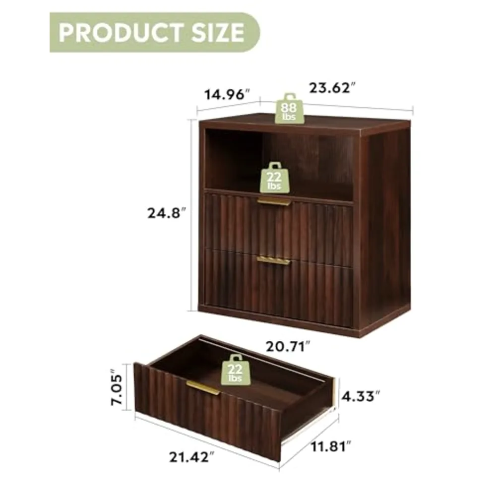 Fluted Night Stand Wood Nightstands with 2 Storage Drawers, view 2