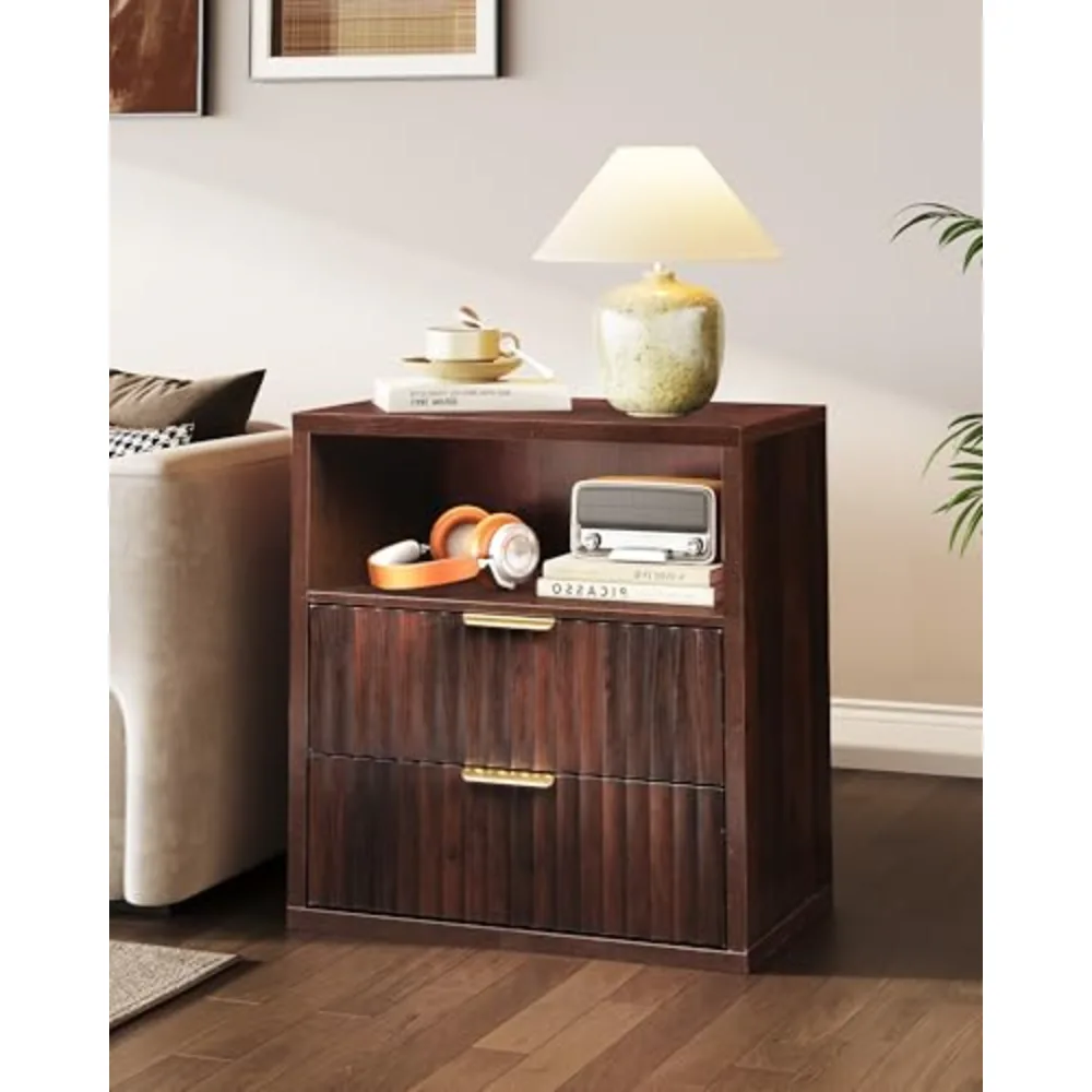 Fluted Night Stand Wood Nightstands with 2 Storage Drawers, view 3