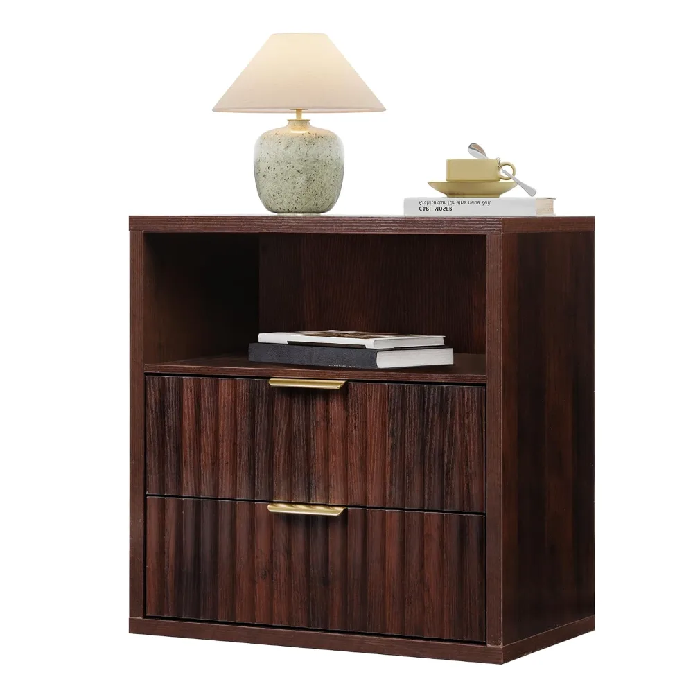 Fluted Night Stand Wood Nightstands with 2 Storage Drawers, view 6