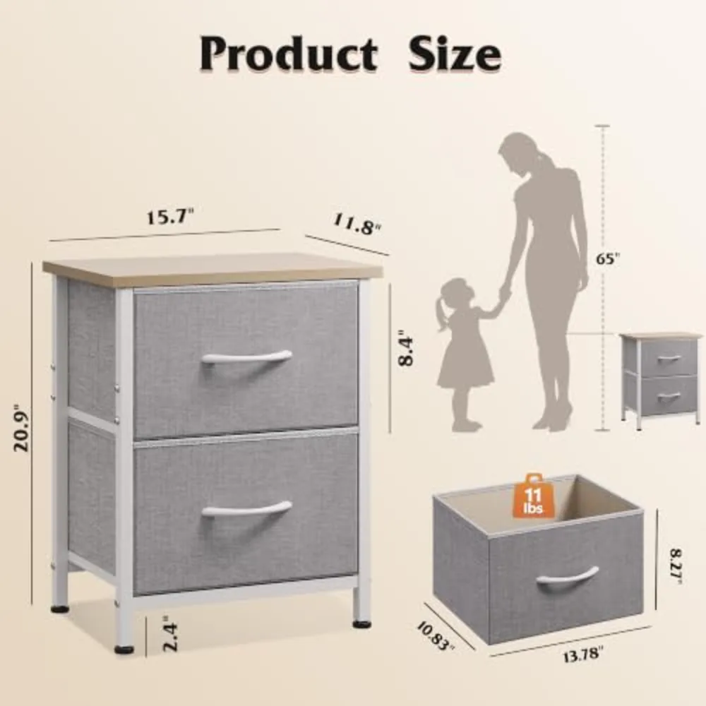 Night Stand Gray Nightstand with 2 Fabric Drawers, view 3