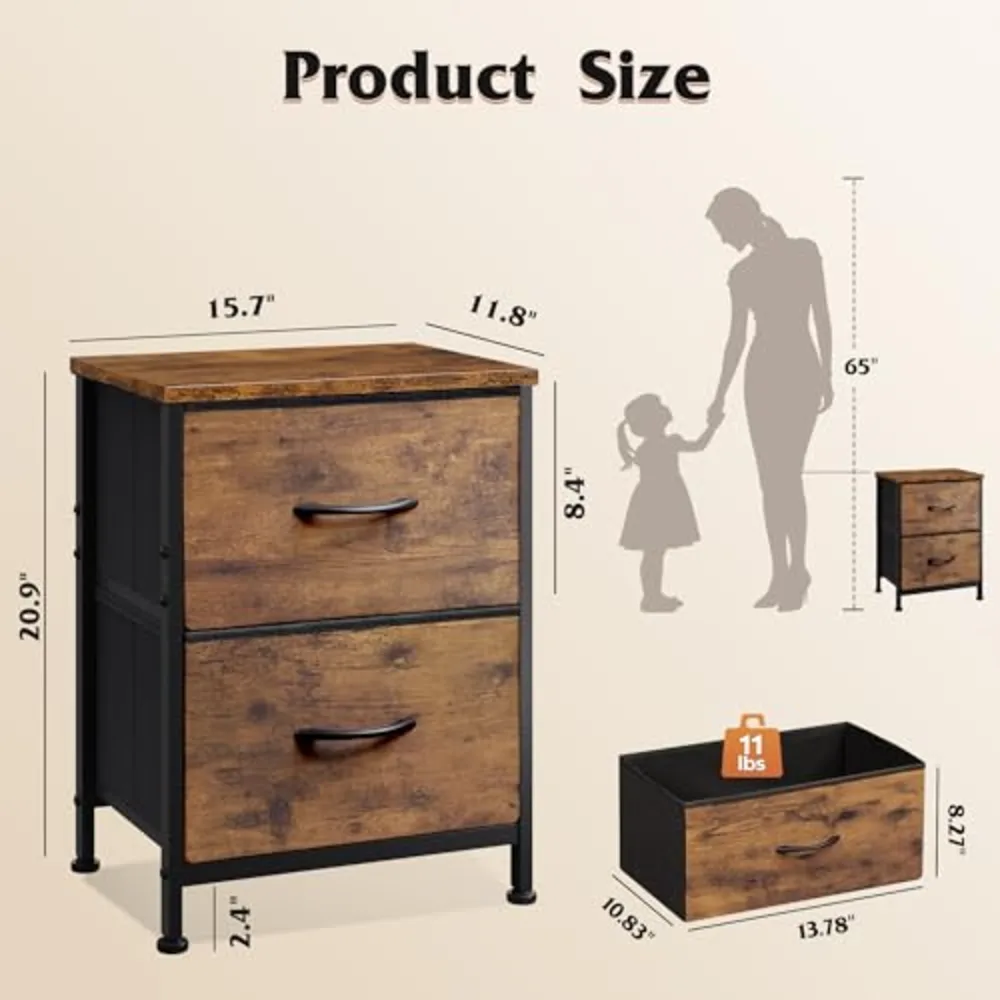 Night Stand Small Dresser with 2 Drawers & Wooden Top, view 3
