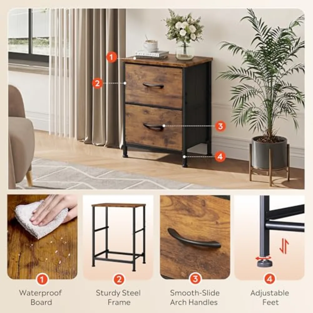 Night Stand Small Dresser with 2 Drawers & Wooden Top, view 5