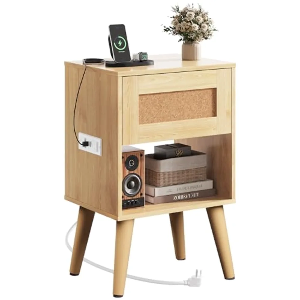 Rattan Nightstand with Charging Station