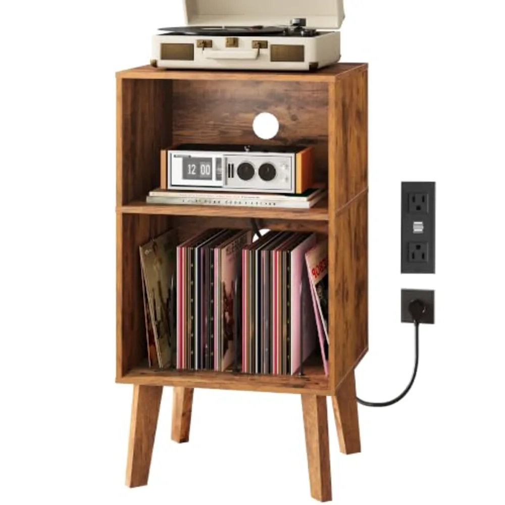 Record Player Stand with Charging Station Mid Century Tall