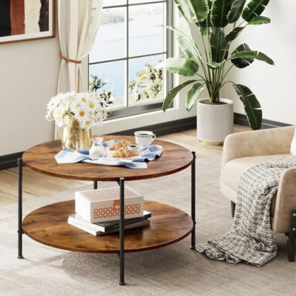 Round Coffee Table 32.6" Small Coffee Table with Storage Shelf, view 4