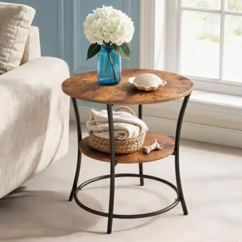 Side Table Round End Table with 2 Storage Shelves for Living, view 2