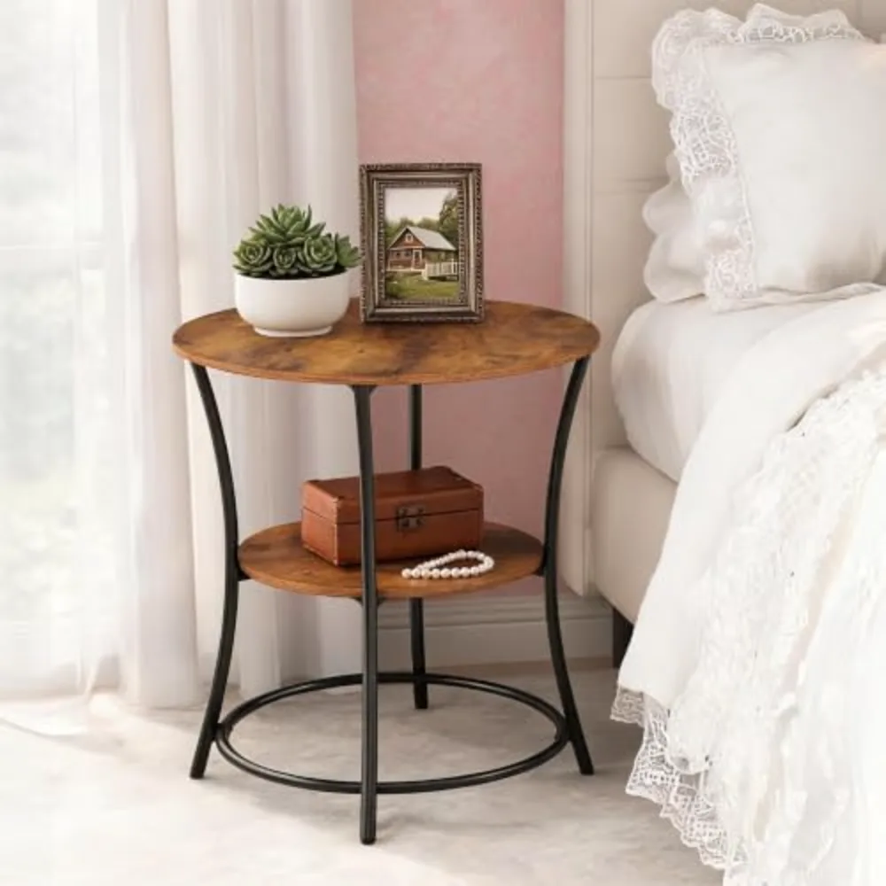 Side Table Round End Table with 2 Storage Shelves for Living, view 4