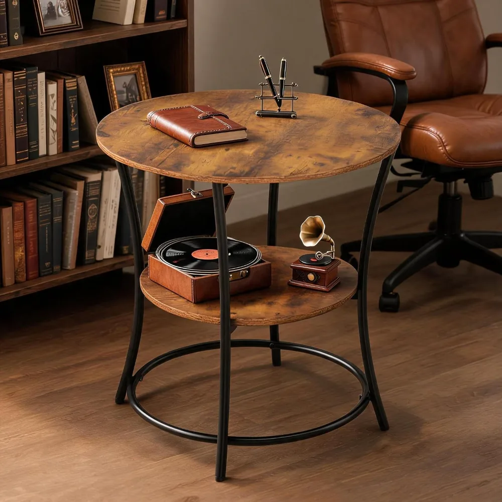 Side Table Round End Table with 2 Storage Shelves for Living, view 6