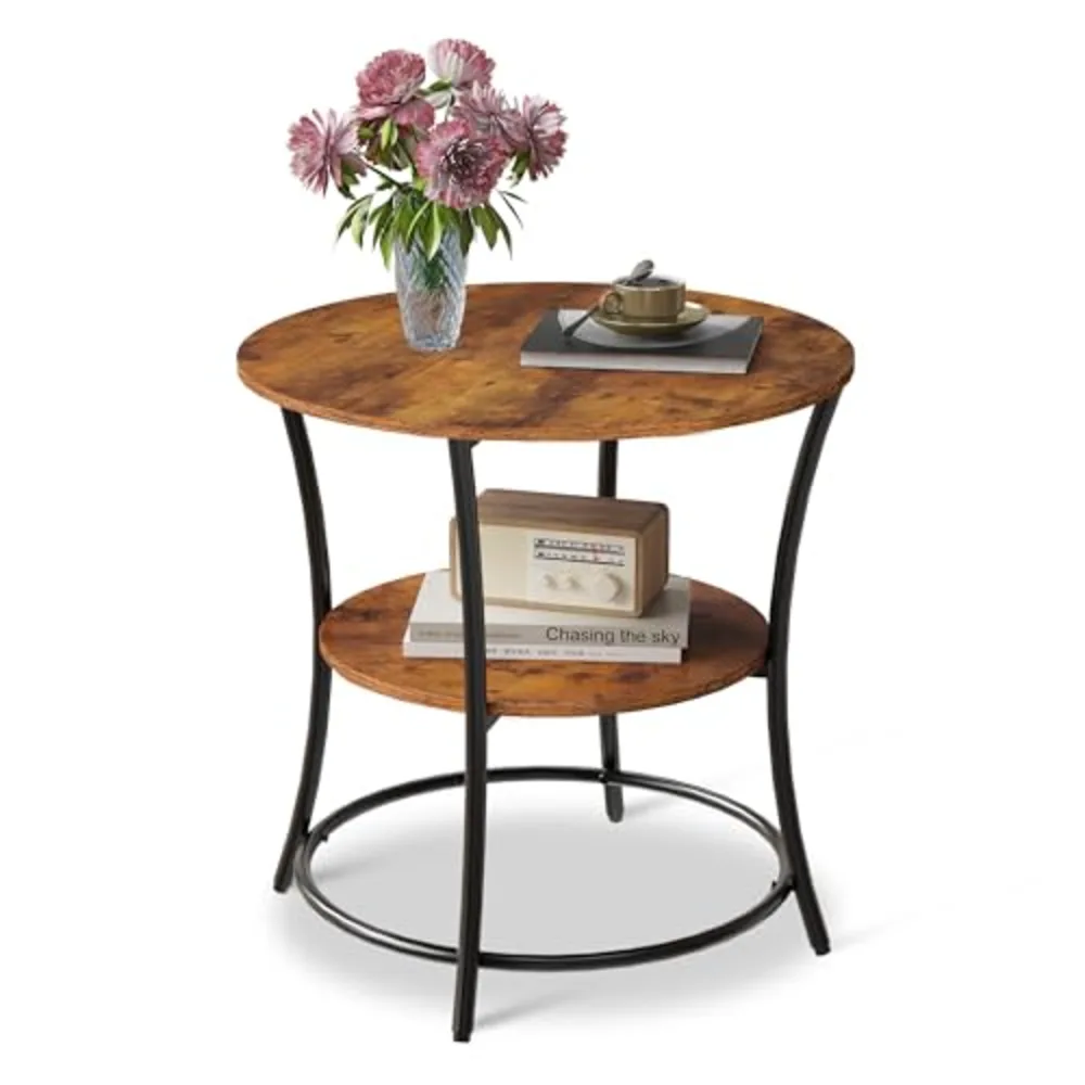 Side Table Round End Table with 2 Storage Shelves for Living