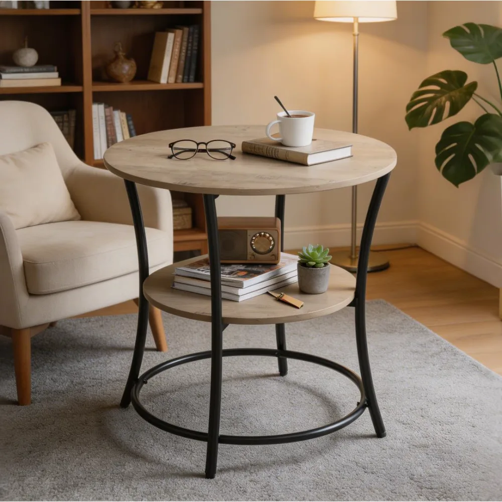 Side Table Round End Table with 2 Storage Shelves for Living, view 6