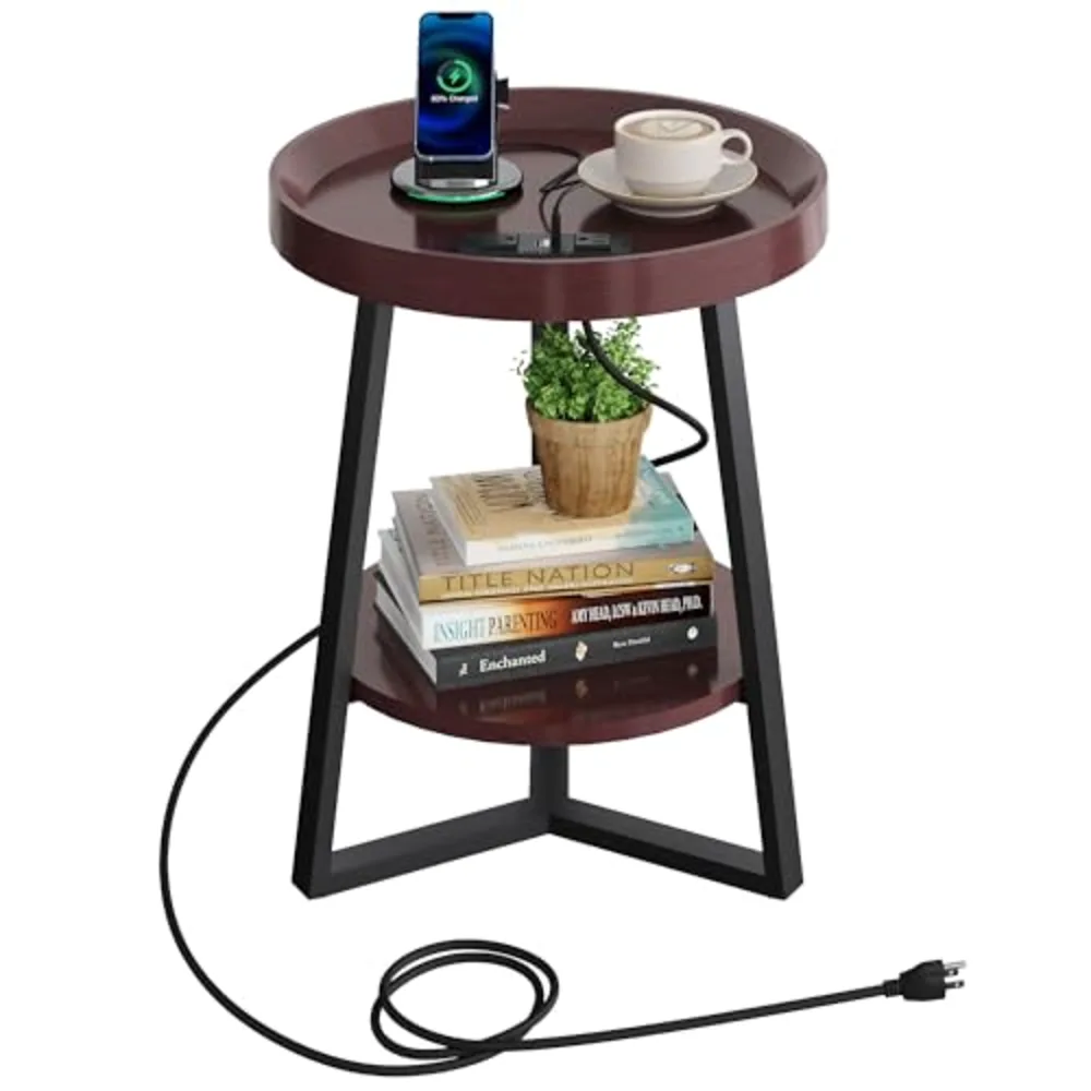 Small Round Side Table with Charging Station