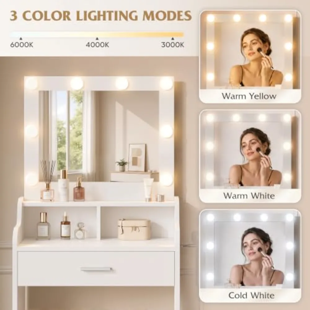 Small White Vanity Desk with Adjustable Mirror and Lights 3, view 2