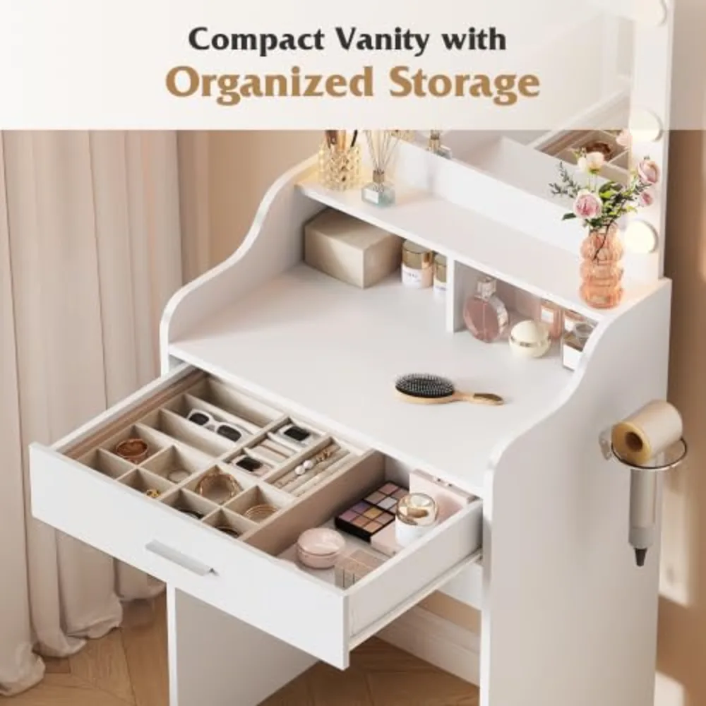 Small White Vanity Desk with Adjustable Mirror and Lights 3, view 4