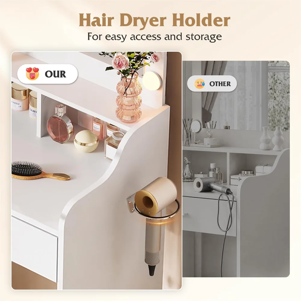 Small White Vanity Desk with Adjustable Mirror and Lights 3, view 6