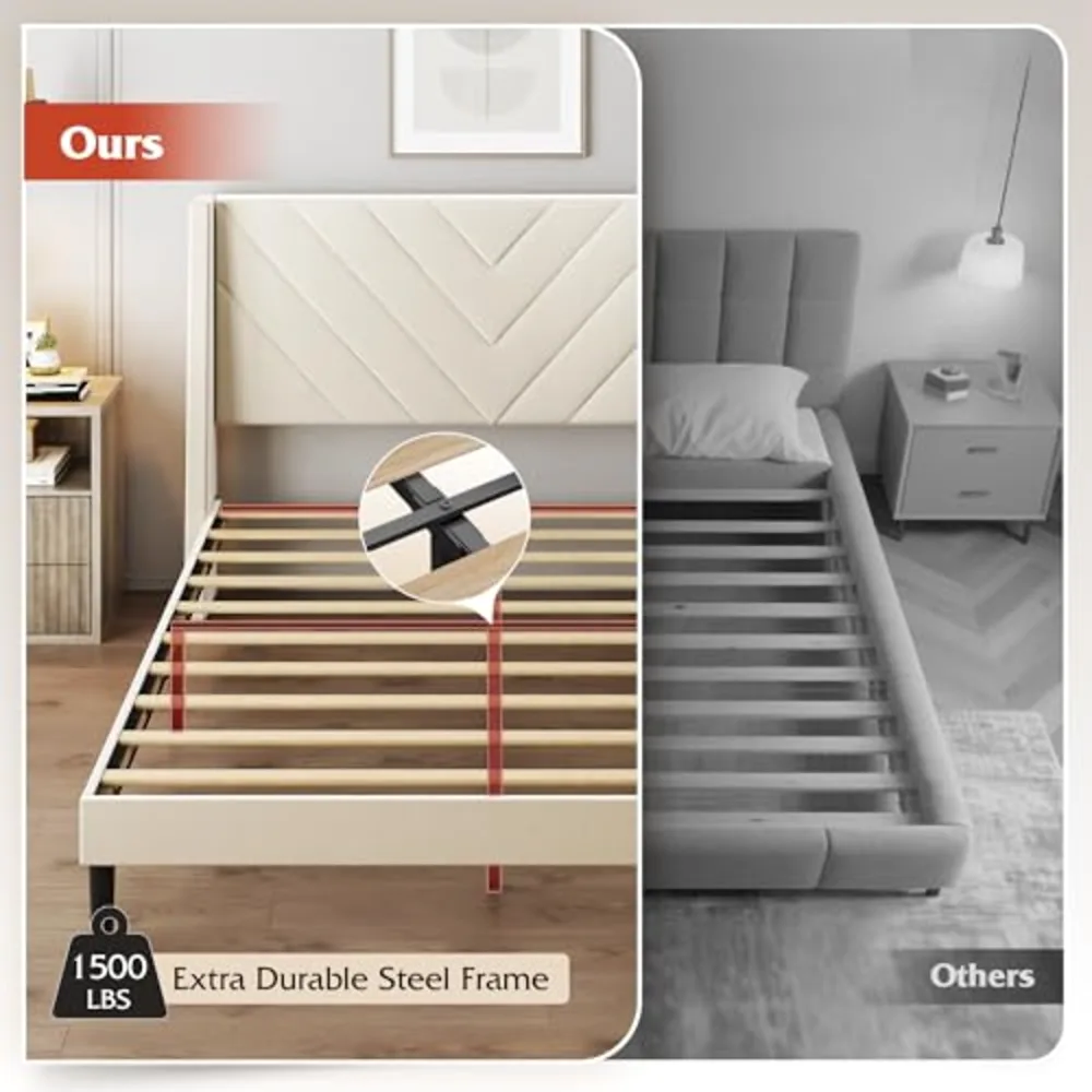 Upholstered Bed Frame Queen Bed Frame with Tufted Headboard, view 4
