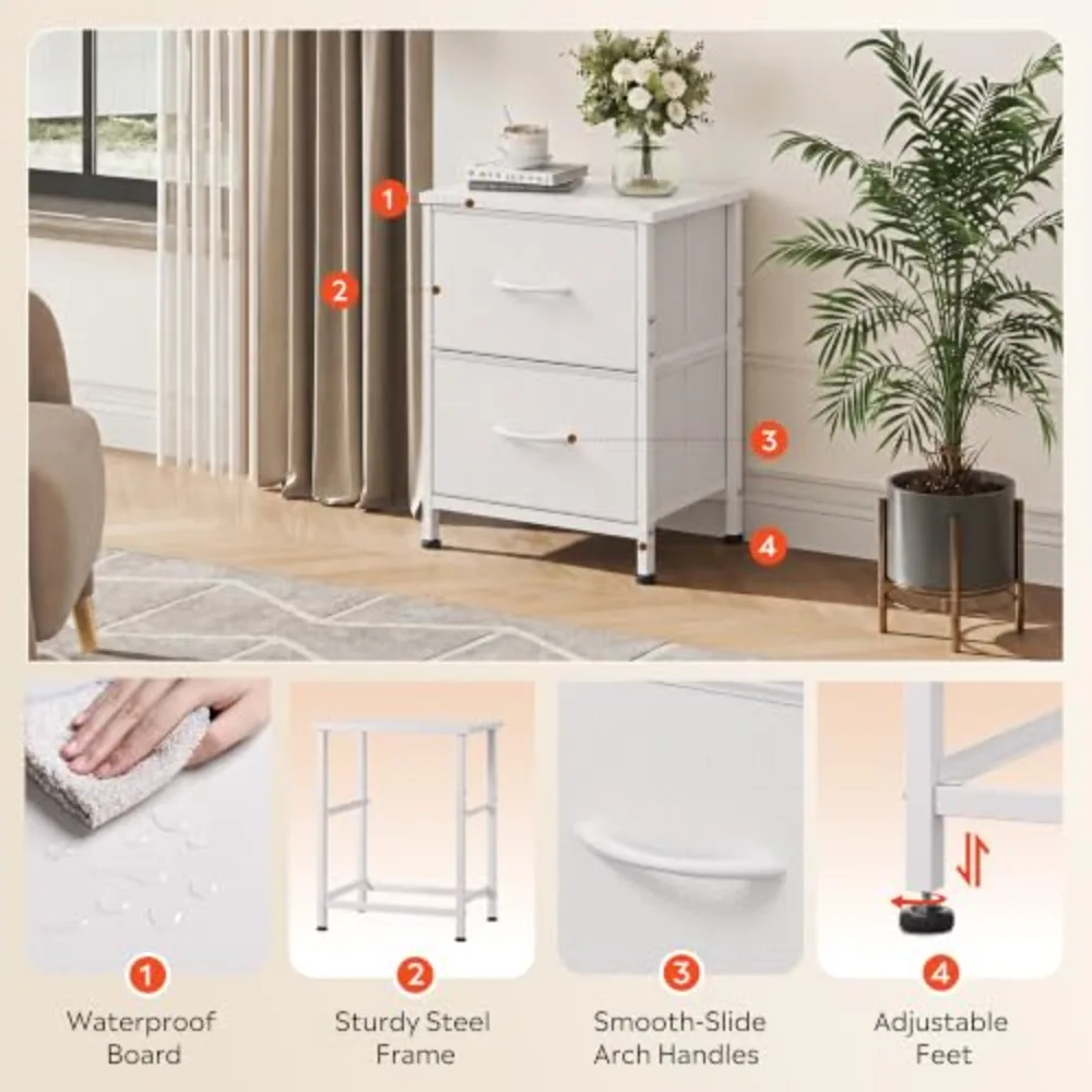 White Night Stand Small Dresser with 2 Drawers & Wooden Top, view 5