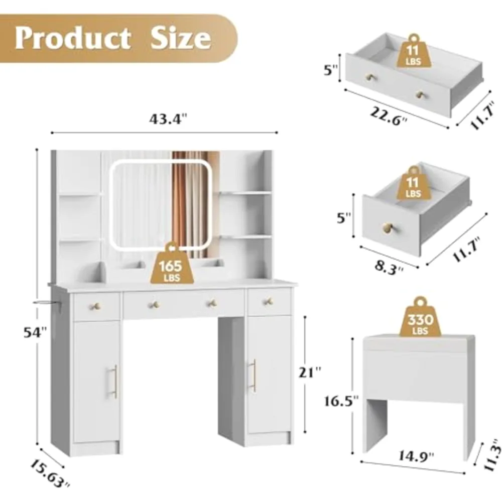 White Vanity Desk with LED Mirror & Stool, view 2