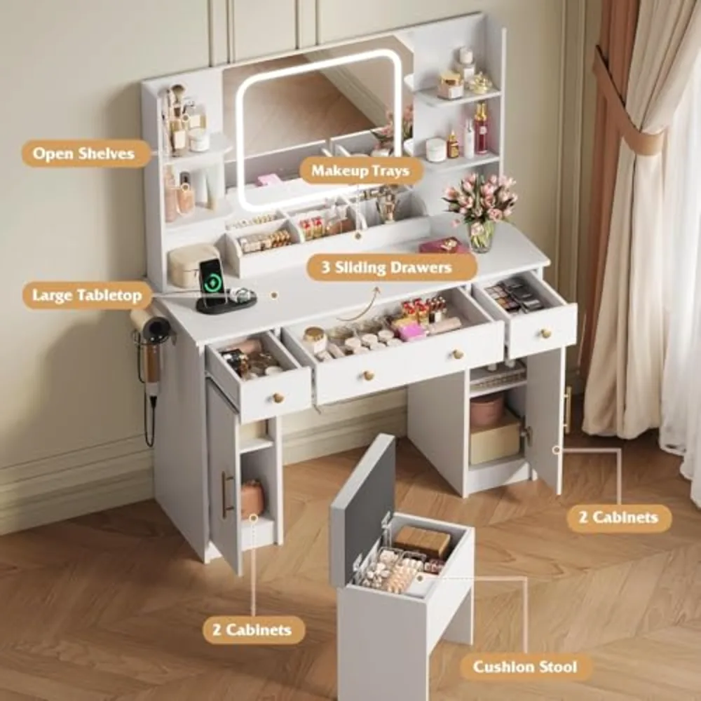 White Vanity Desk with LED Mirror & Stool, view 4