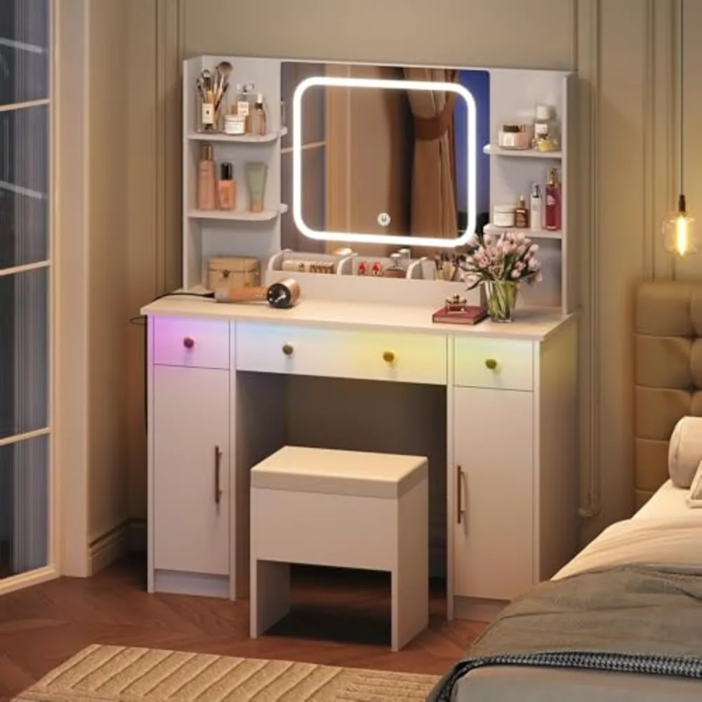 White Vanity Desk with LED Mirror & Stool