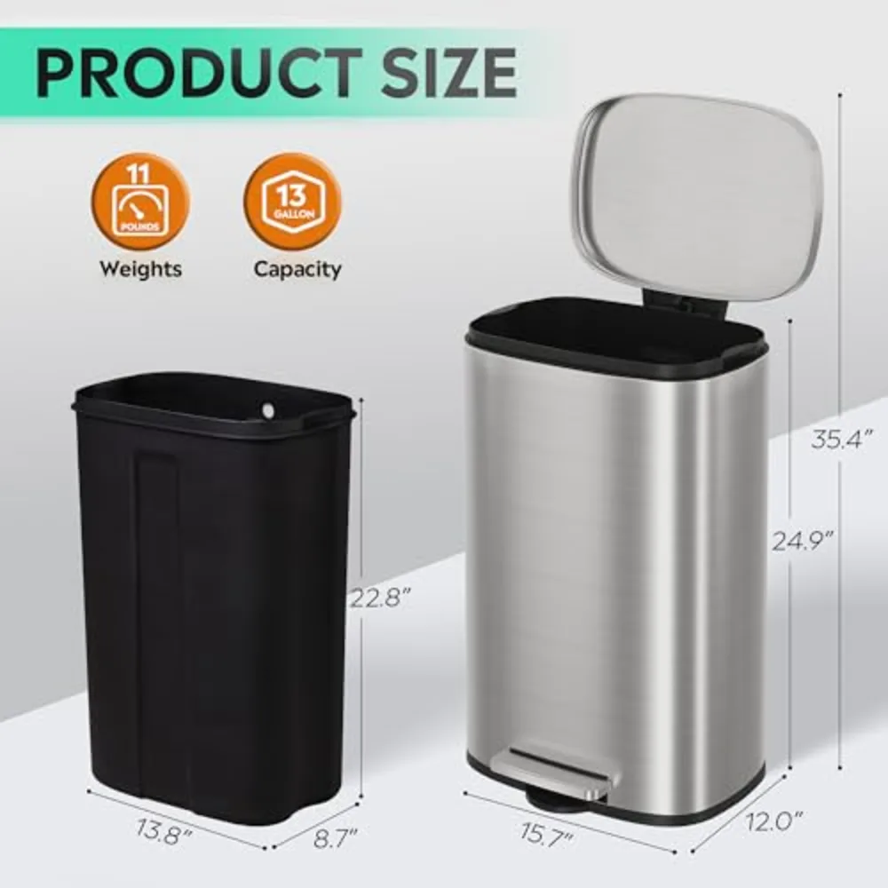 WLIVE 13 Gallon Stainless Steel Trash Can with Inner Bucket, view 3