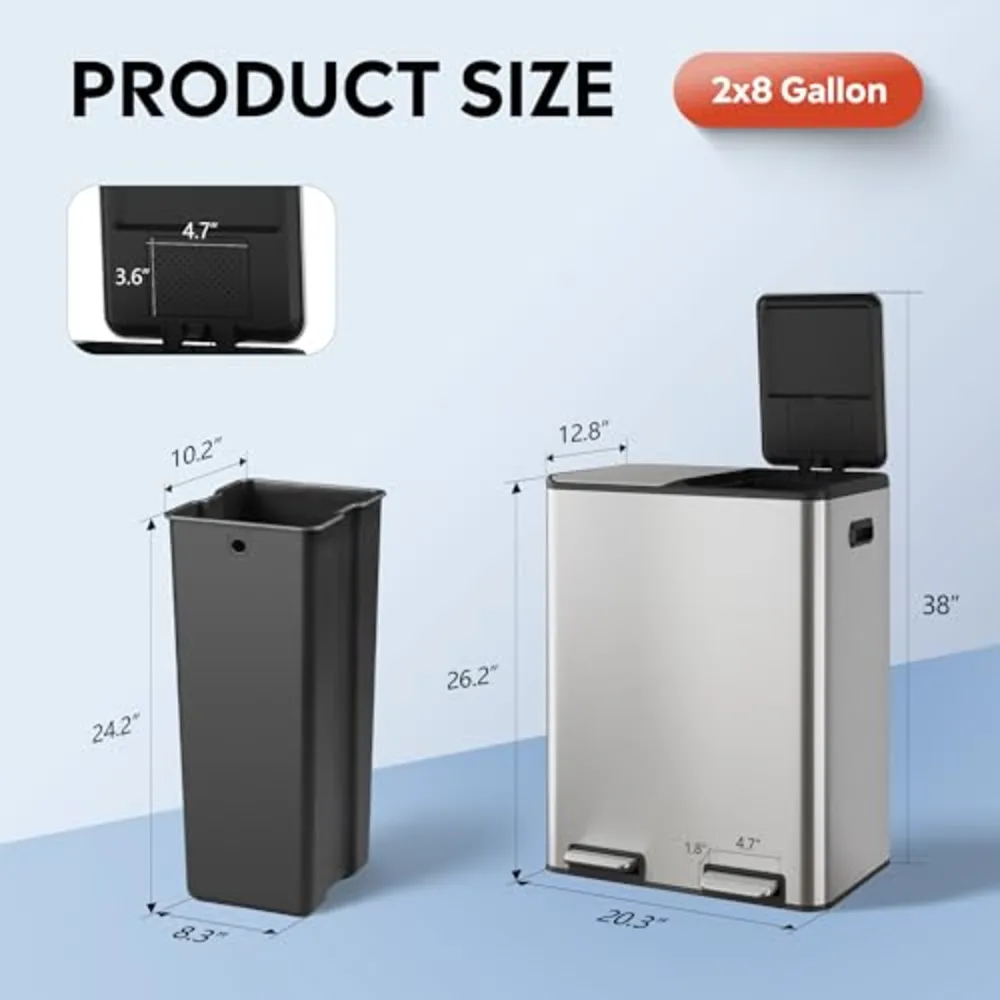 WLIVE 2 x 8 Gallon Dual Compartment Trash Can Stainless Steel, view 2
