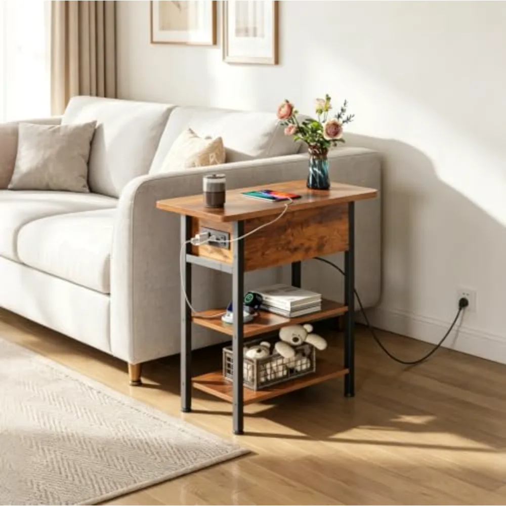WLIVE 3-Tier End Table with Charging Station Flip Top Narrow, view 2
