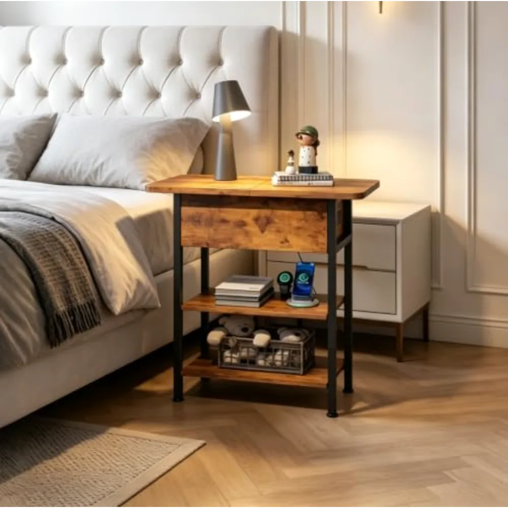 WLIVE 3-Tier End Table with Charging Station Flip Top Narrow, view 4